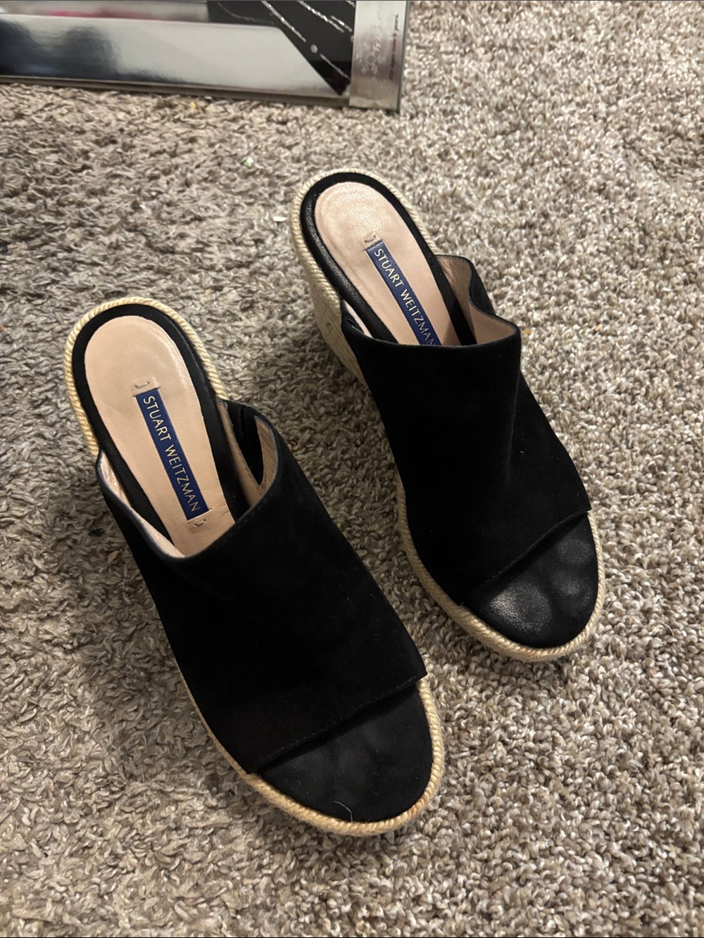 Stuart Weitzman Black Suede Espadrille Wedge Sandals